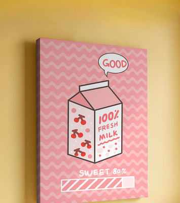 Playful illustration of milk carton with cherry design on pink background