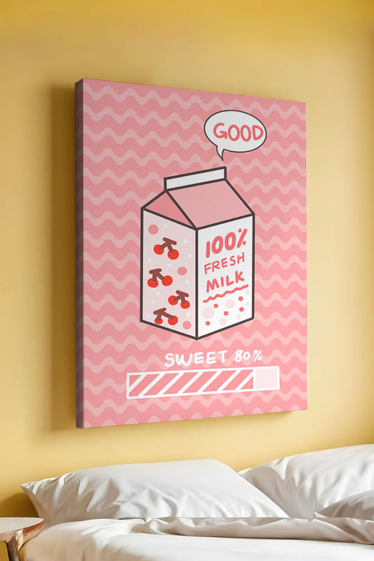 Playful illustration of milk carton with cherry design on pink background