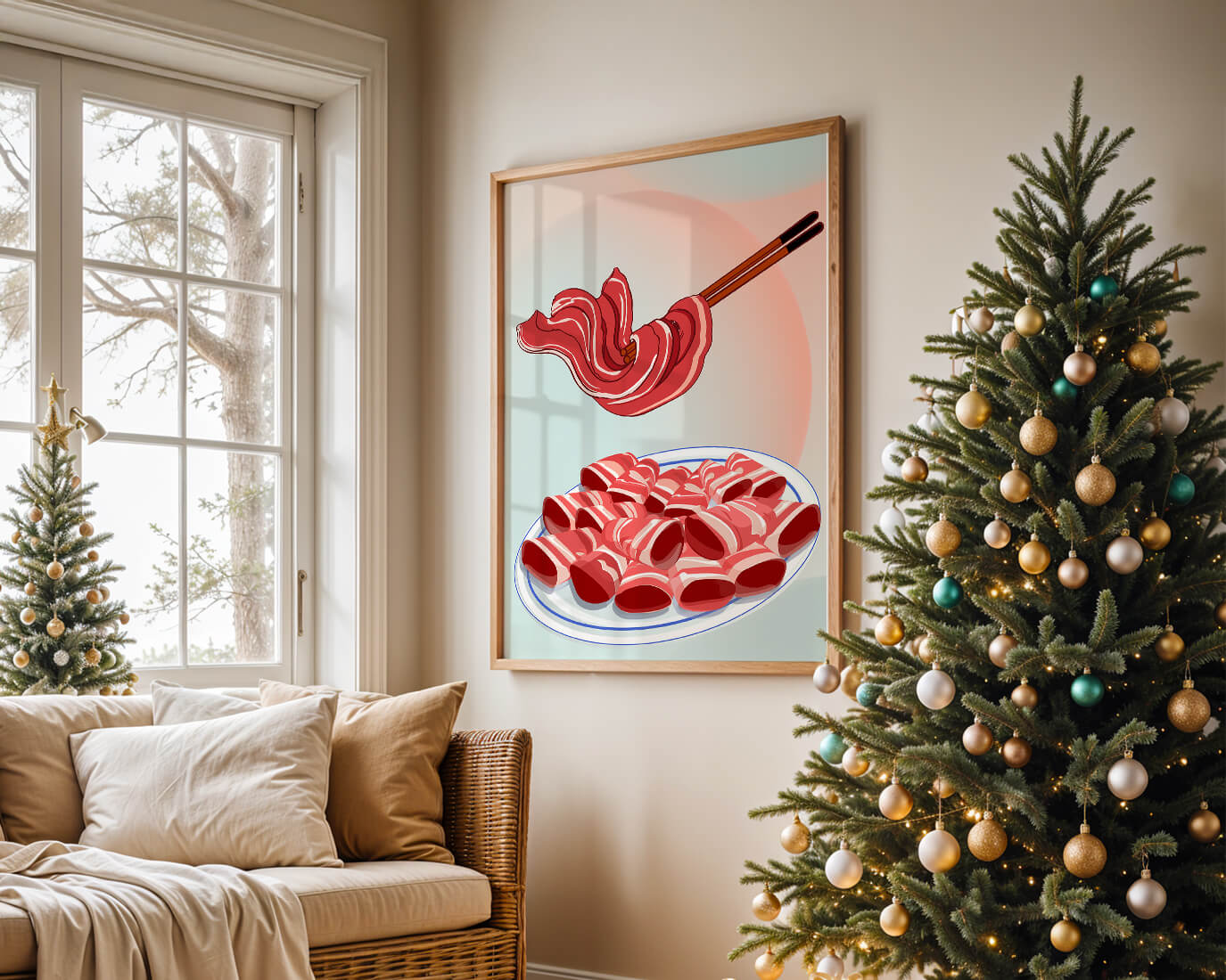 Delicious raw meat slices on plate with chopsticks in background