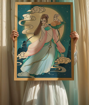 Traditional Asian-inspired artwork featuring a woman and rabbit under a moonlit sky