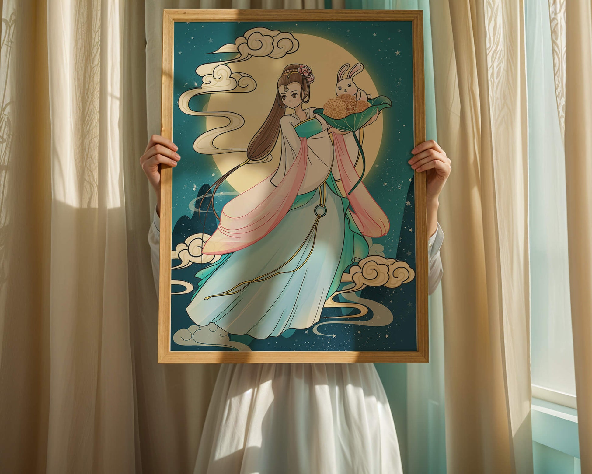Traditional Asian-inspired artwork featuring a woman and rabbit under a moonlit sky