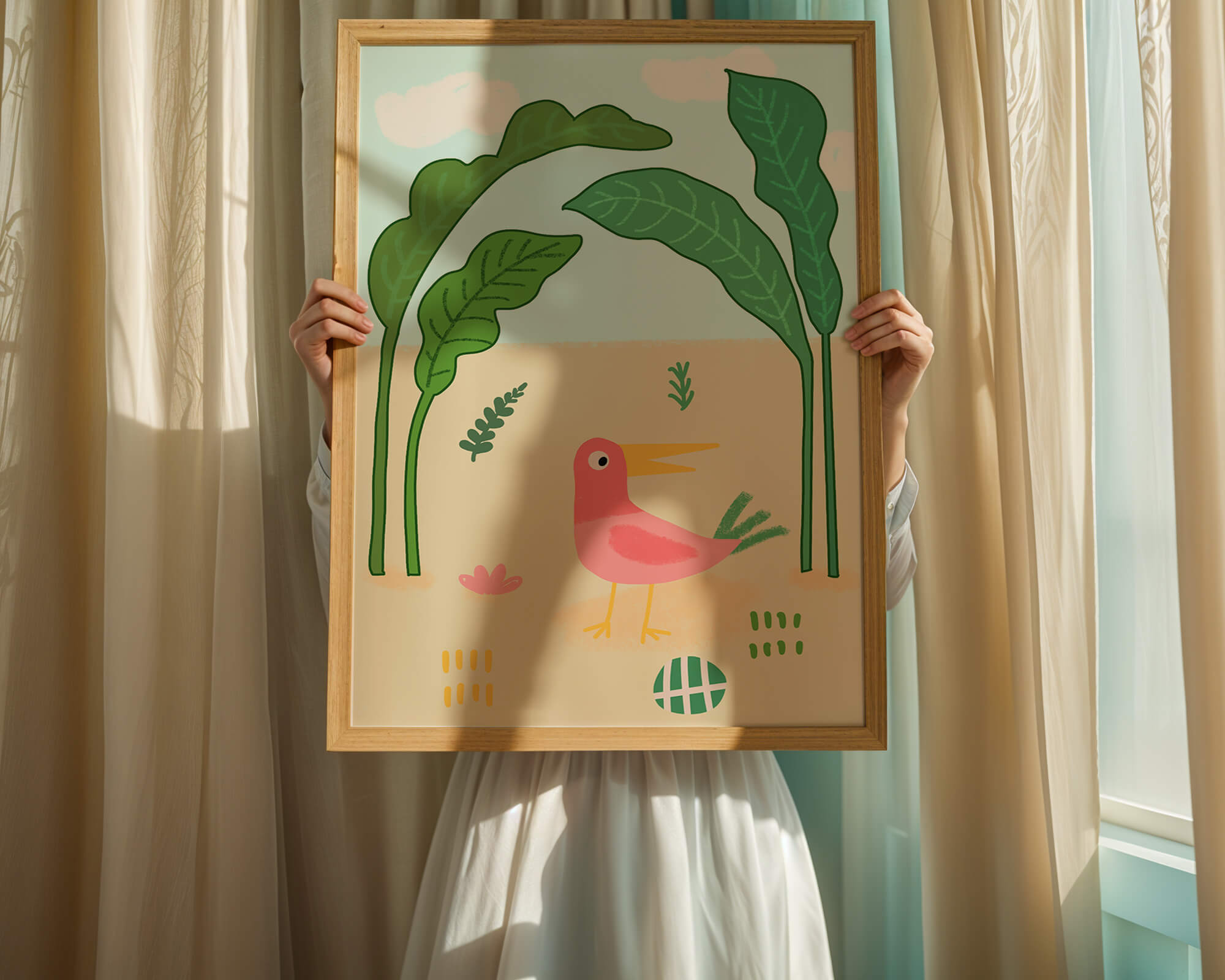 Colorful bird with large leaves and playful design