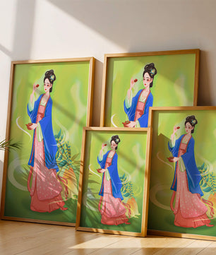 Diseño elegante de mujer en vestimenta tradicional del Este Asiático