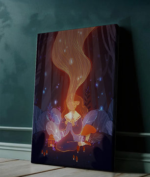 Magical forest scene with lantern and glowing hair