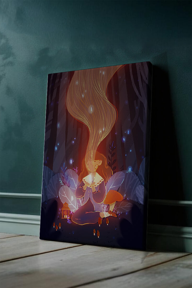 Magical forest scene with lantern and glowing hair