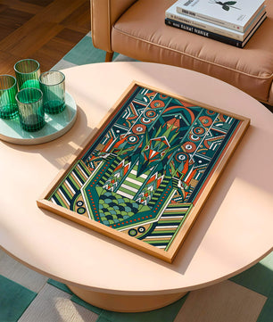 Design géométrique abstrait inspiré de l’Art déco avec des motifs symétriques et un motif animal