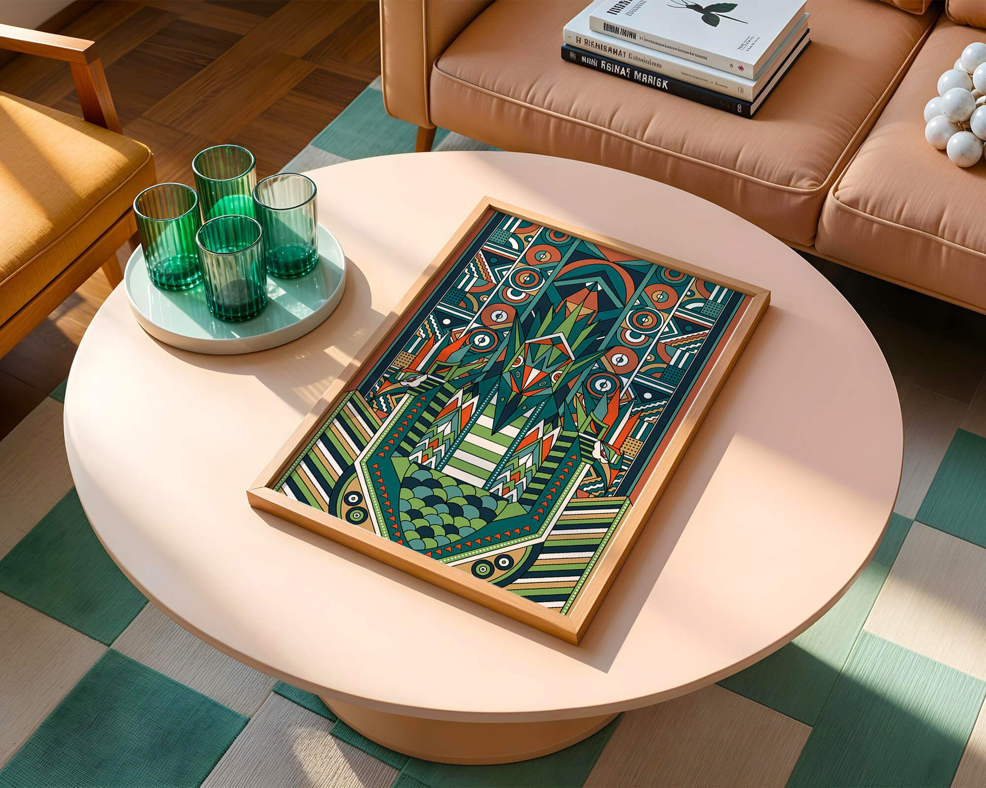 Art Deco Inspired Abstract Geometric Design with Symmetrical Patterns and Animal Motif