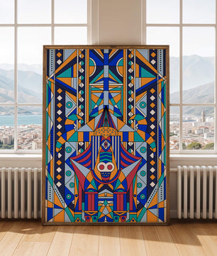 Arte tribal abstracto geométrico con patrones simétricos en azul y naranja