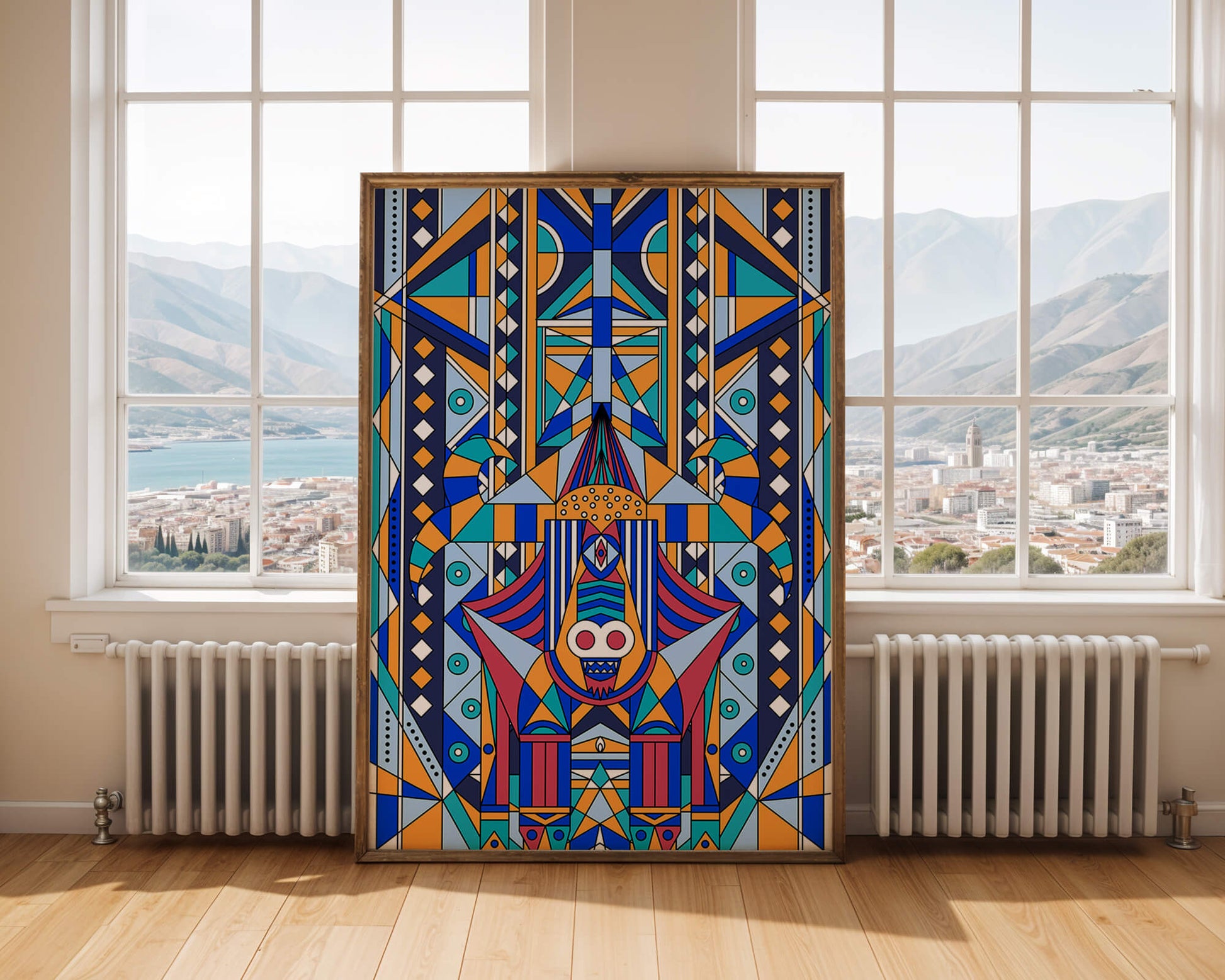 Arte tribal abstracto geométrico con patrones simétricos en azul y naranja