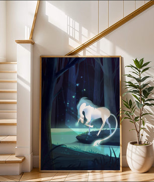 Escena nocturna encantadora con un unicornio junto a un arroyo del bosque