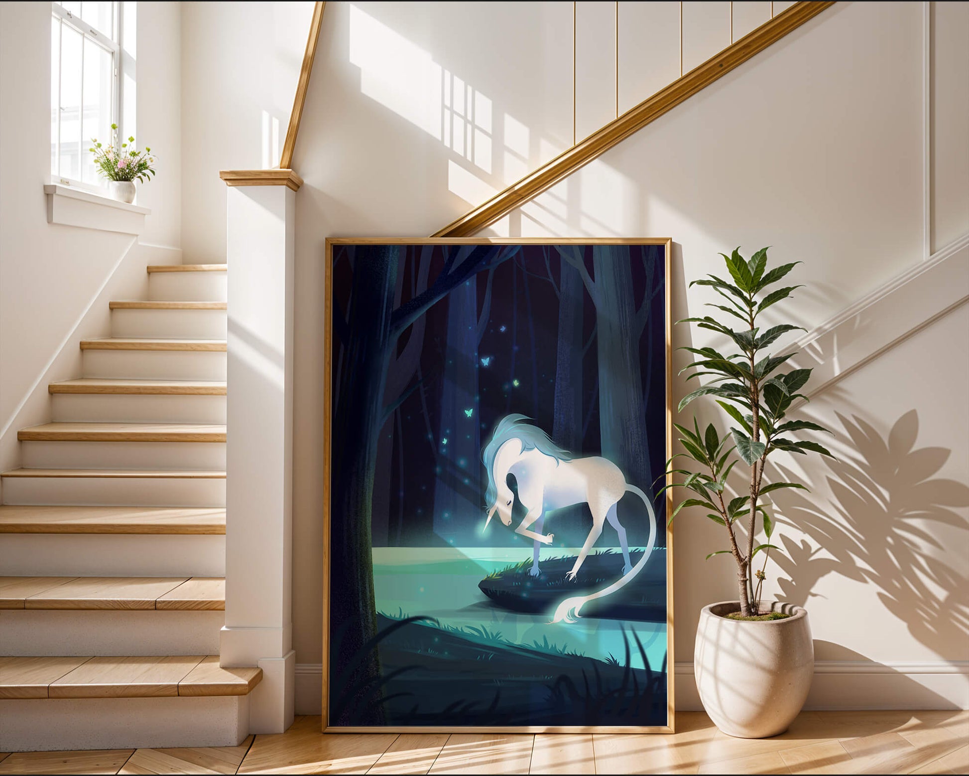 Enchanting night scene with a unicorn by a forest stream