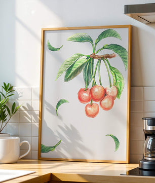 Ilustración realista de rama de cerezo con hojas verdes