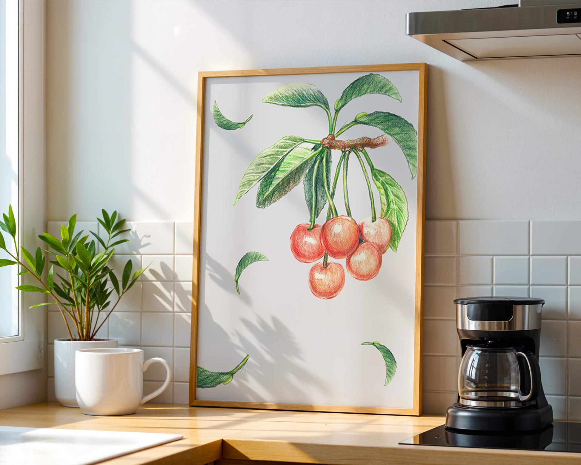 Realistic Illustration of Cherry Branch with Green Leaves