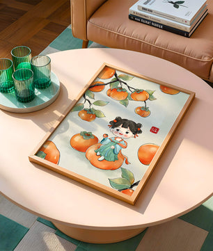 Illustration of a girl sitting on a persimmon surrounded by fruit and leaves