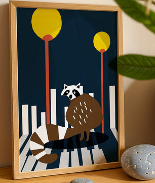Raccoon Illustration with Urban Street Lamps and Geometric Design