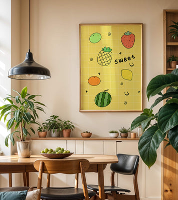 Playful fruit pattern on yellow grid background