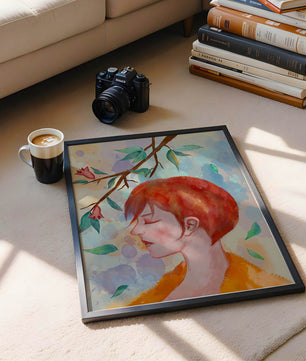 Illustrative artwork of a woman with red hair and floral branch