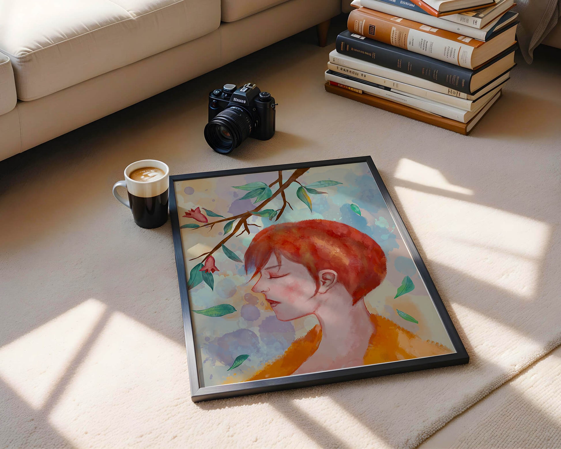 Illustrative artwork of a woman with red hair and floral branch