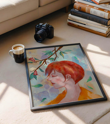 Illustrative artwork of a woman with red hair and floral branch
