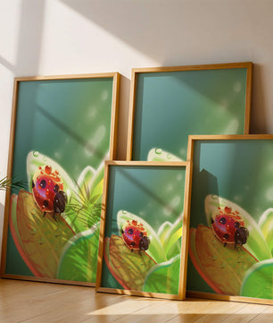 Ladybug on Leaf with Dew Drops in Serene Nature Setting - Mi tienda