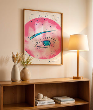 Abstract Eye Illustration with Pink Background and Blue Accents - Mi tienda