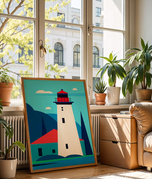 Illustration moderne d'un phare avec des couleurs vives