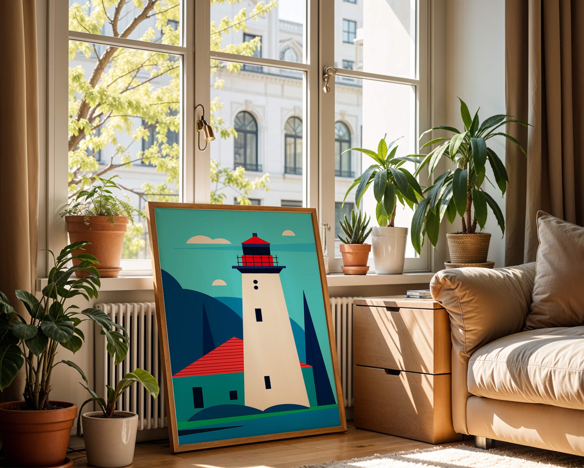 Modern illustration of a lighthouse with vibrant colors
