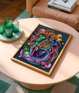 Ilustración abstracta colorida de un conejo en el espacio con pulpo, planetas y zanahoria