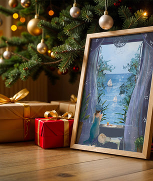 Peaceful Seaside View Through Open Window with Girl and Cat