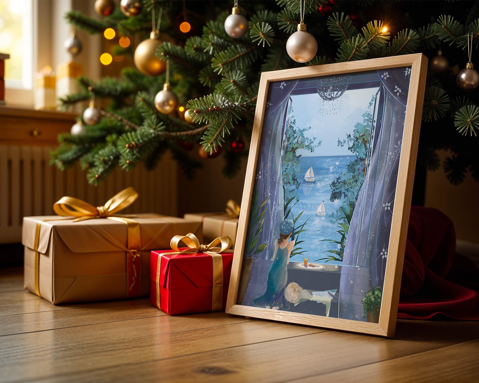 Peaceful Seaside View Through Open Window with Girl and Cat