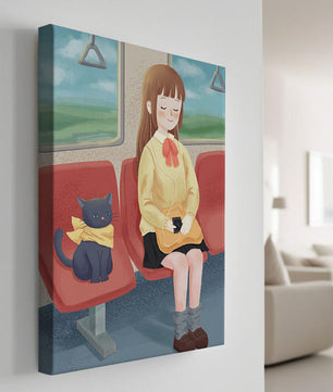 Viaje en tren tranquilo con una chica y su gato ilustrado