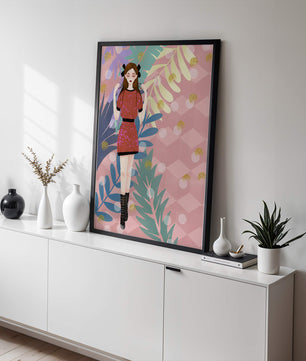 Illustration élégante d'une femme avec des éléments botaniques et un fond géométrique