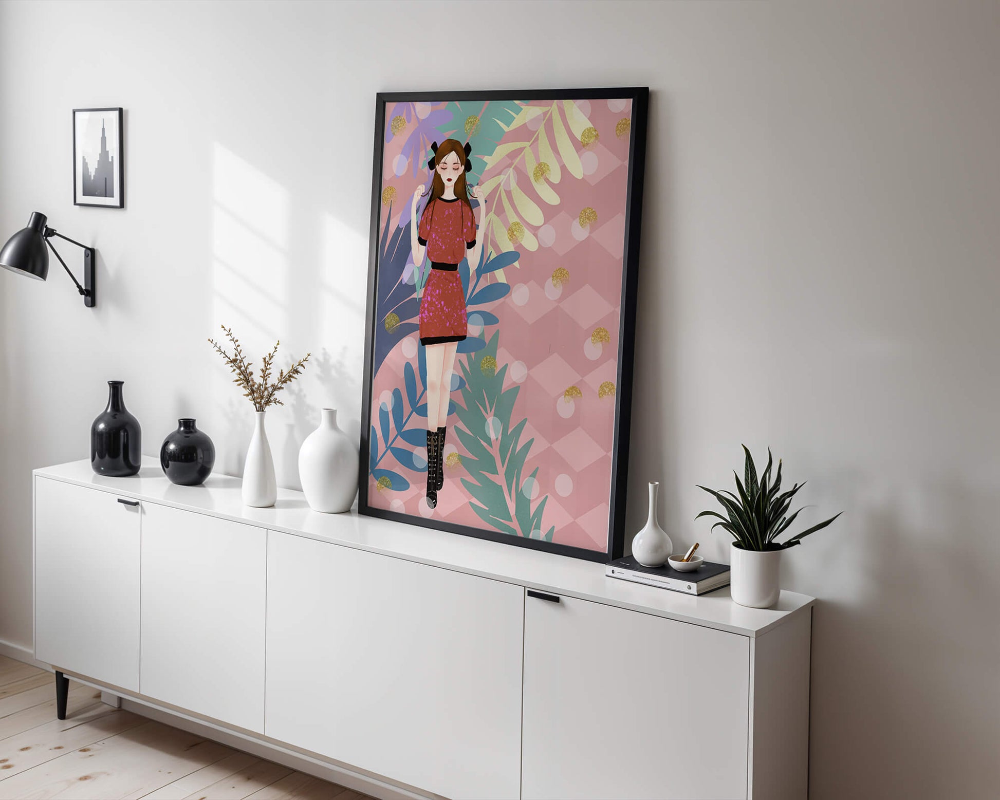 Stylish illustration of a woman with botanical elements and geometric background