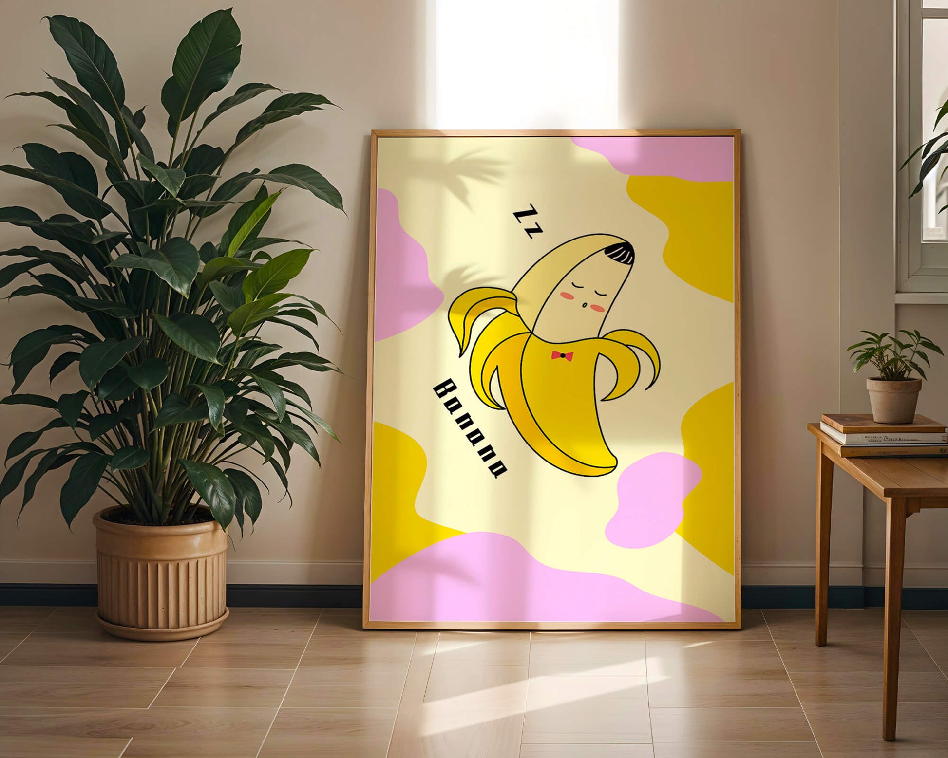 Playful illustration of a sleeping banana with colorful abstract background