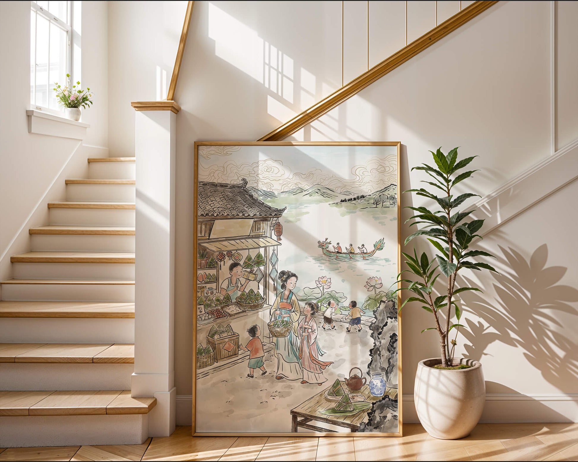 Escena tradicional del mercado chino con carreras de botes dragón