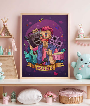 Illustration colorée sur le thème de la musique avec un personnage et des instruments