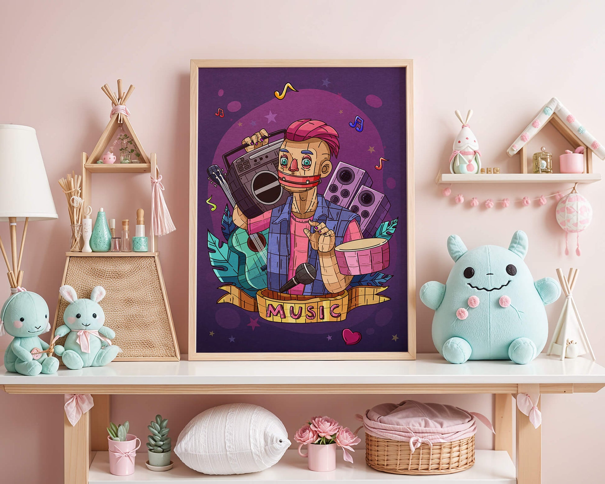 Illustration colorée sur le thème de la musique avec un personnage et des instruments