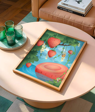 Illustrated strawberries in a whimsical garden setting