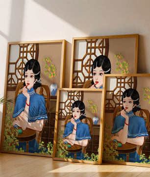 Elegant Woman in Traditional Chinese Setting with Blue Cape and Intricate Decor