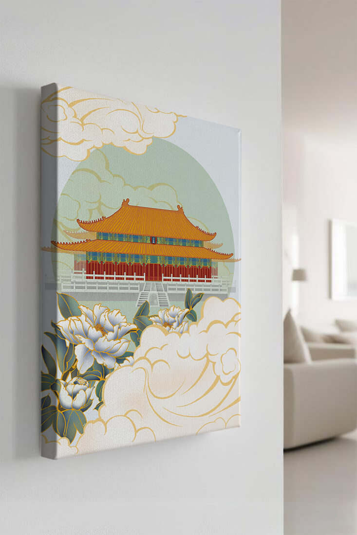 Traditional Asian palace illustration with floral and cloud motifs