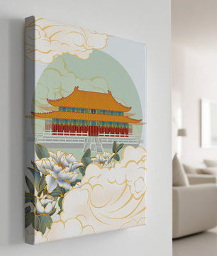 Traditional Asian palace illustration with floral and cloud motifs