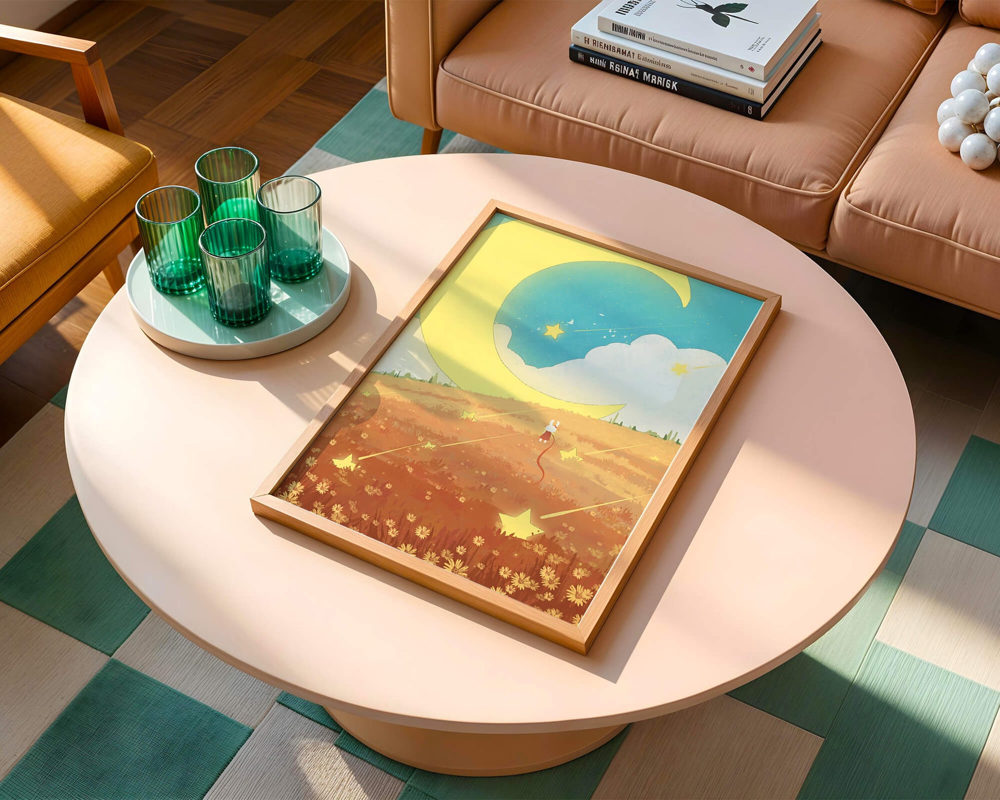 Dreamy Nighttime Landscape with Moon and Stars in a Field