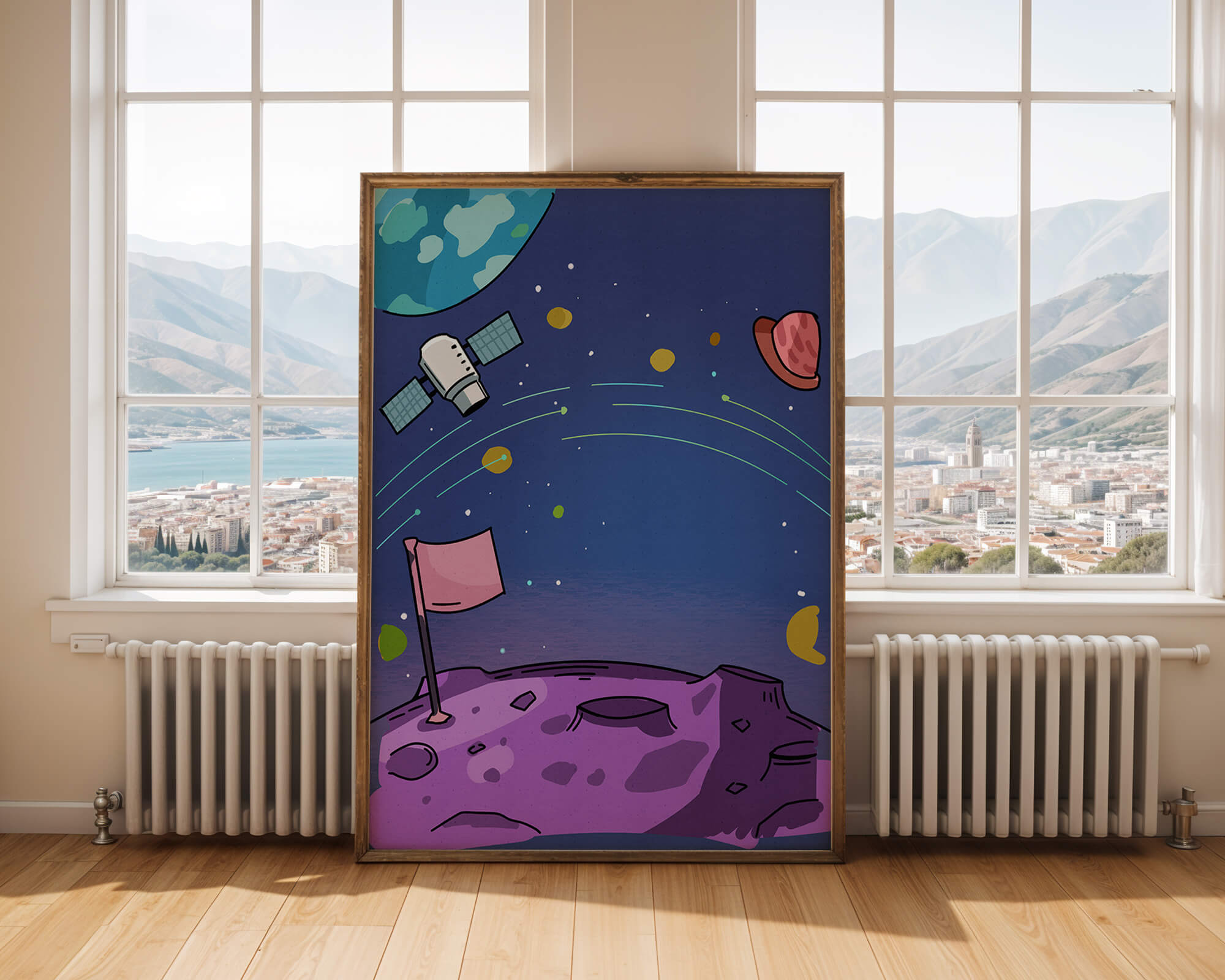 Illustration of outer space scene with planets and satellite