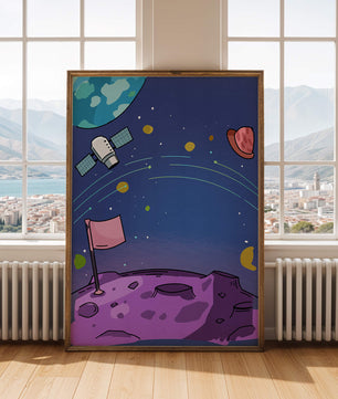 Illustration of outer space scene with planets and satellite