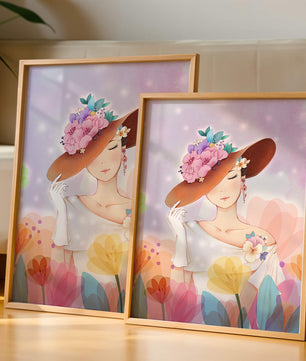 Mujer elegante con sombrero floral entre flores coloridas