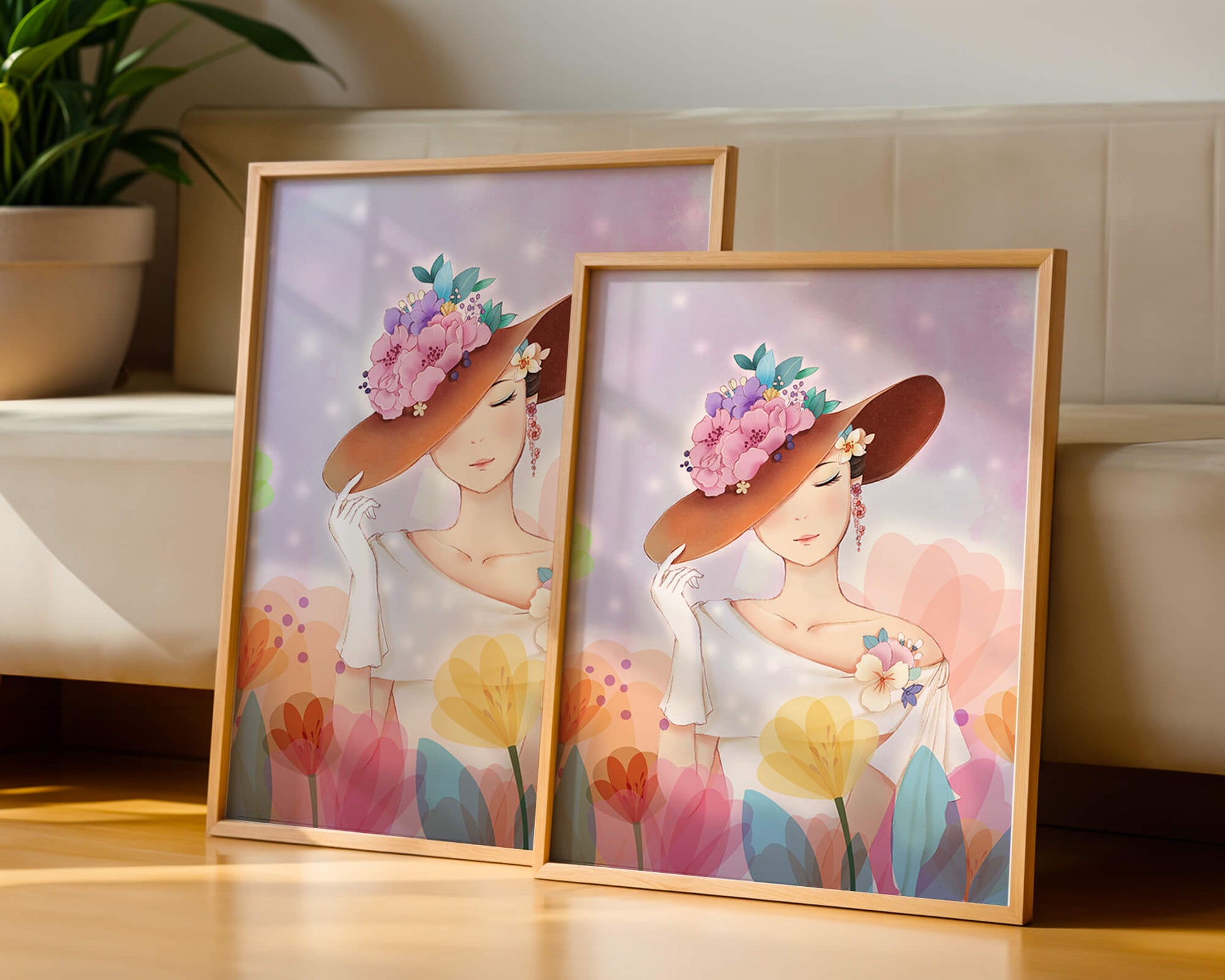 Mujer elegante con sombrero floral entre flores de colores