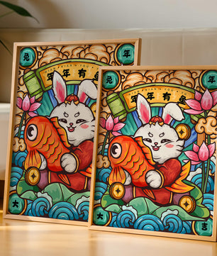 Festive rabbit holding golden fish with lotus flowers and waves in a traditional design