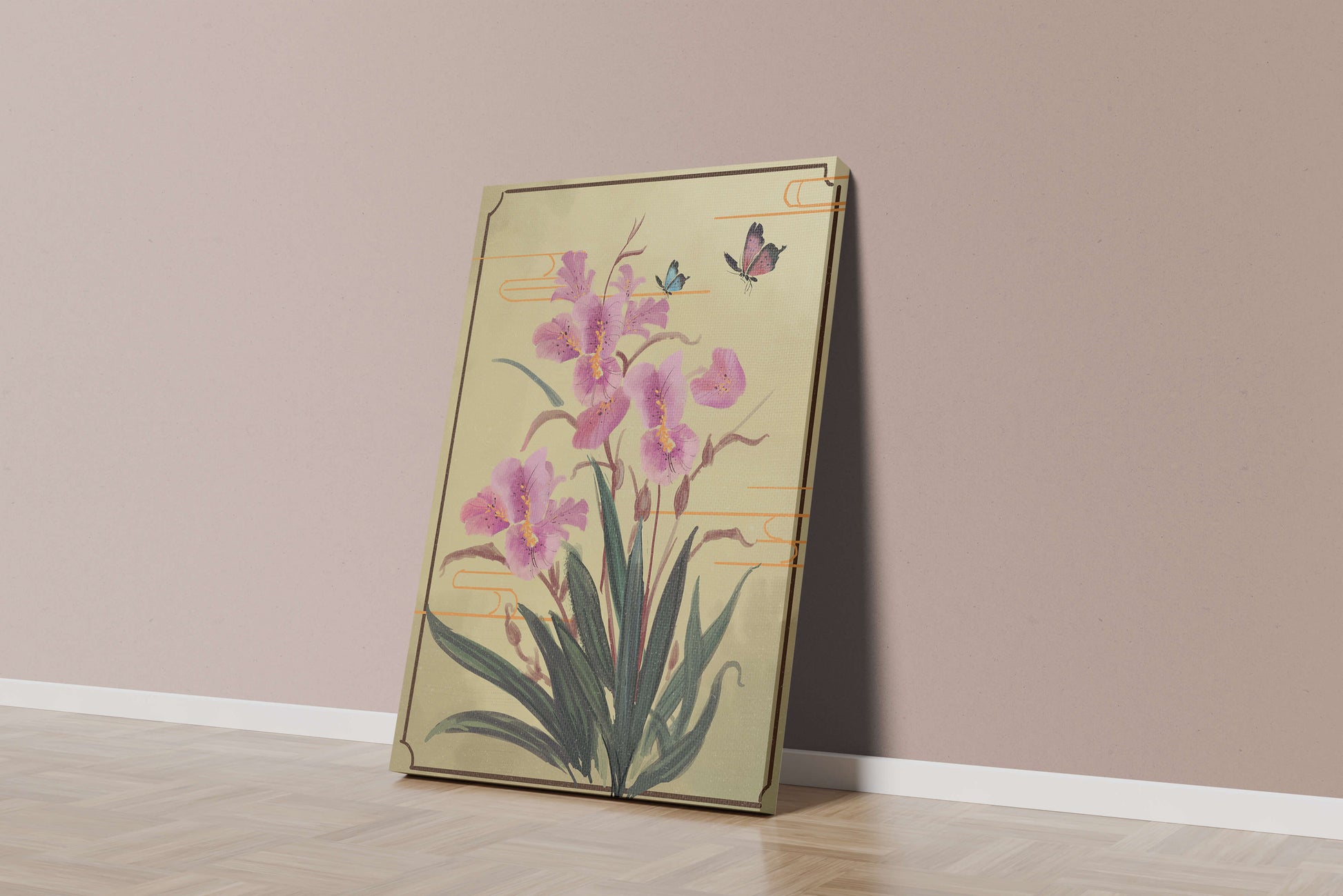 Elegant Floral Composition with Butterflies and Ornamental Background