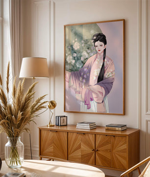 Elegant Asian Woman in Traditional Attire with Floral Background - Mi tienda