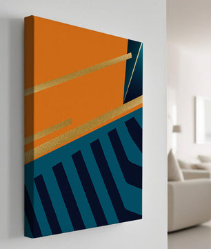 Moderne geometrische Abstraktion mit goldenen Elementen und kräftigen Farben 
